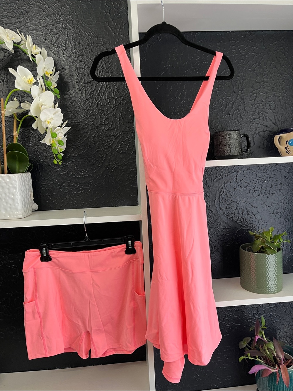 HALARA Pink Coral Fit-and-Flare Mini Dress with matching shorts